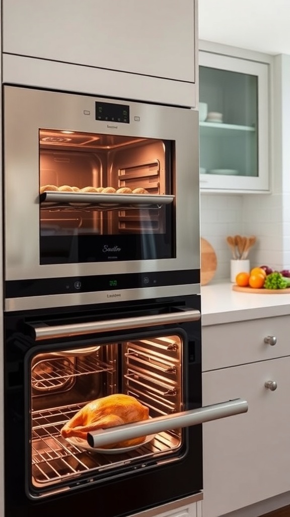 A modern kitchen with a double oven, one baking cookies and the other roasting chicken.